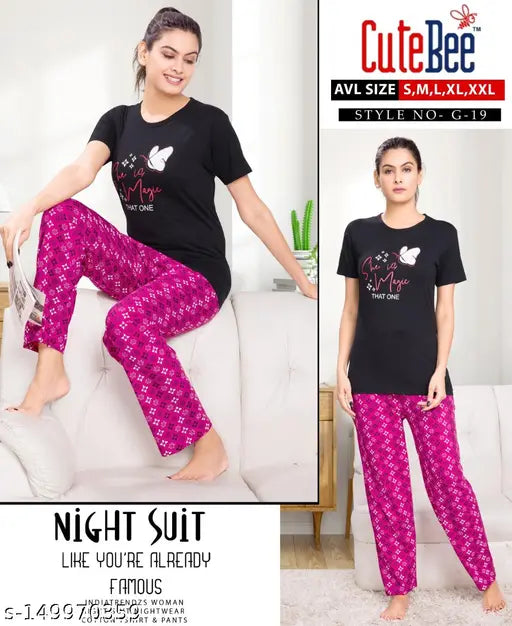 Printed cotton nightdress for women, premium quality with short sleeves and regular fit. Bio Wash cloth in attractive colors, size S-XXL. Made in India