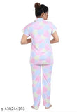 Pink Moshami printed women's top & pyjama suit, open-front night dress in satin material, cotton origin India