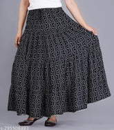 Black printed rayon women's long skirt with a net pattern, size 34-Free Size, Indian origin