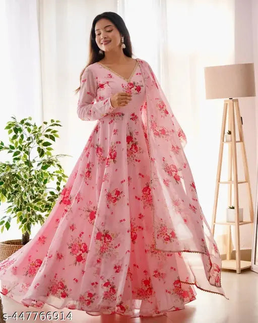 Pink Georgette Floral Anarkali Gown with Dupatta, V-Neck style, long sleeves. Traditional Indian attire for women's wear, available in S, M, L, XL, XXL sizes