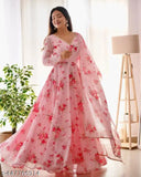 Pink Georgette Floral Anarkali Gown with Dupatta, V-Neck style, long sleeves. Traditional Indian attire for women's wear, available in S, M, L, XL, XXL sizes