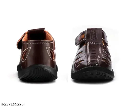 Brown synthetic leather casual sandals for kids, ideal for unisex styles, fastening with Velcro. Perfect addition to kid's casual outfits, available in sizes from 9-12 months to 7 years. Made in India