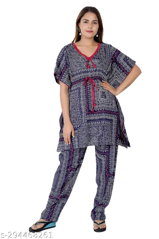 All Over Printed Rayon Cotton Kaftan-Style Pyjama Set, stylish & comfortable nightwear in XXL/2XL and Large sizes