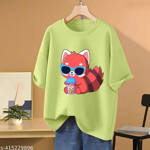 Mint Green Women's Oversized Baggy Loose Fit T-shirt by Skyct Store, soft cotton fabric, printed fox design, comfy-chic style for any occasion