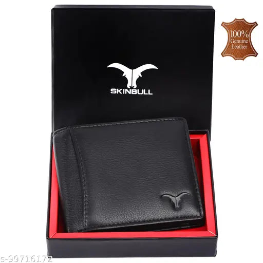 SkinBull Carter Black Men's Leather Wallet: Genuine leather, RFID blocking, 2 compartments & gift box