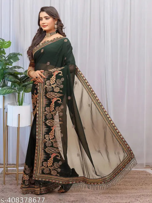 Georgette saree with zari work and running dupion silk blouse, fashionable embroidery for Indian traditional wear