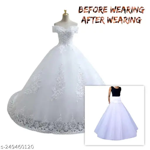 White net petticoat, perfect for a-line wedding dresses, stretch spandex upper, steamer-friendly. Net petticoat with hoop wire for gown, sizes 24-52, India origin