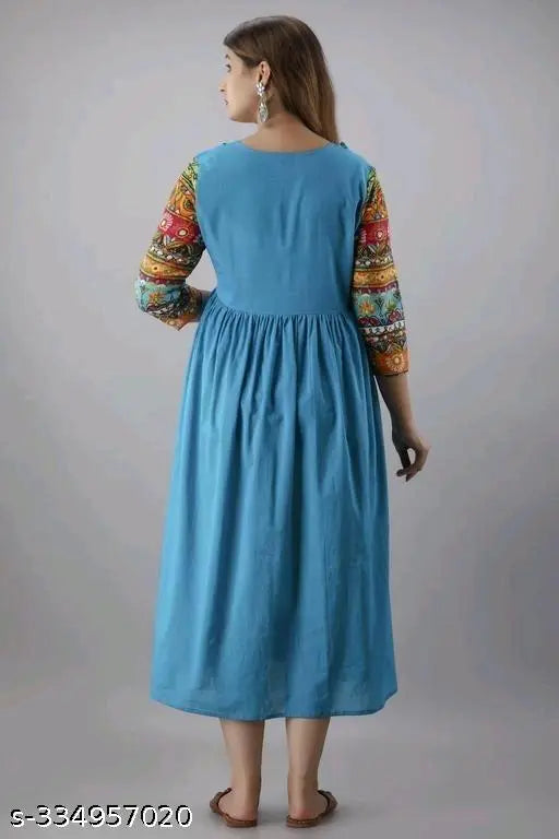 Blue rayon anarkali kurti, three-quarter sleeves, solid pattern for women's casual wear