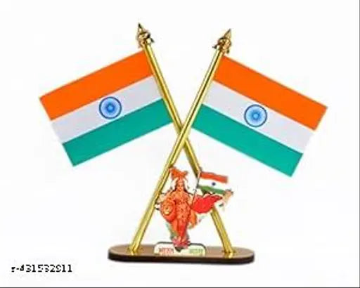 Durable plastic-plated, double-sided cross flag stand with Bharat MATA symbol for car dashboard or office/study table, 3in. x 2in. Indian National Flag size