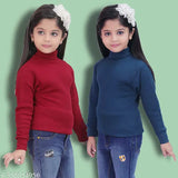 Stylish maroon & blue woolen high neck full sleeves sweater combo for kids girls, size 18 years