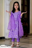 Lavender rayon girls set: Kurta, dupatta, and bottomwear for children aged 5-13 from India