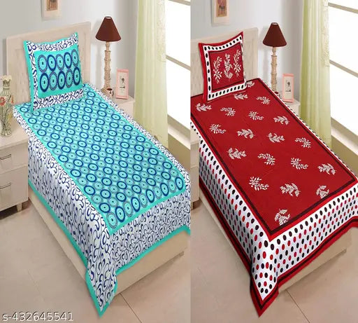 Jaipuri printed cotton single bedsheet combo pack, two bed sheets with two pillow covers - trendy botanical design for adult mild winter use