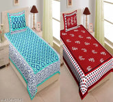 Jaipuri printed cotton single bedsheet combo pack, two bed sheets with two pillow covers - trendy botanical design for adult mild winter use
