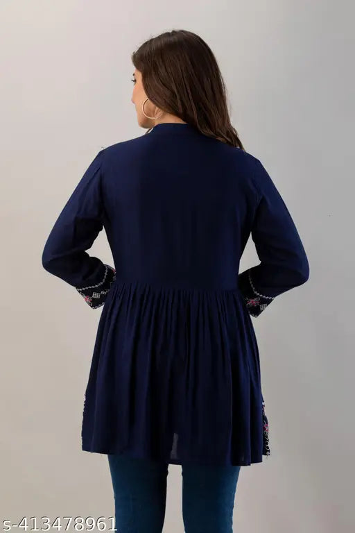 Embroidered Rayon Festival Top for Women - Long Sleeve, Three-Quarter Length, Indian Origin