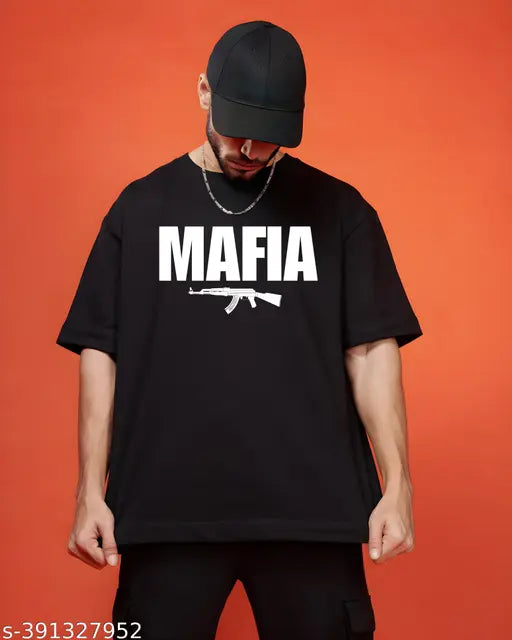Black cotton blend t-shirt by EP MAFIA, three-quarter sleeves with printed net design. Close-up image shows size M on hanger