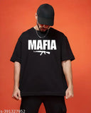 Black cotton blend t-shirt by EP MAFIA, three-quarter sleeves with printed net design. Close-up image shows size M on hanger