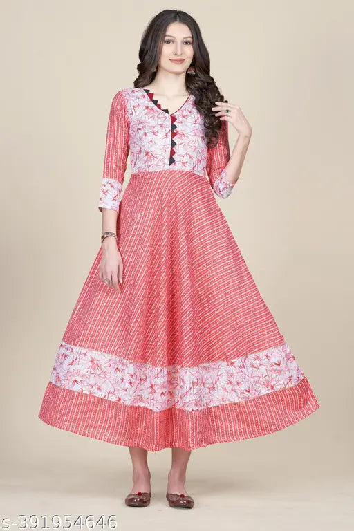 Designer cotton blend long layered kurti, three-quarter sleeves with printed combo, Indian fashion on model