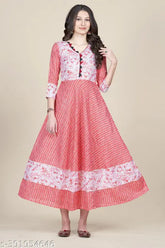 Designer cotton blend long layered kurti, three-quarter sleeves with printed combo, Indian fashion on model