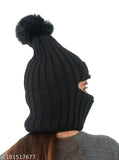 Striped wool beanie cap, soft knit with fur & pom-pom, KHM women's monkey style - India origin