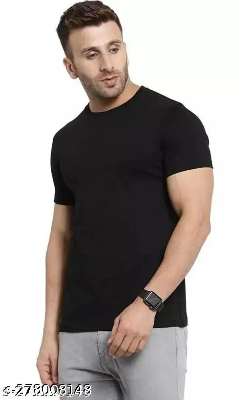 Black polyester men's half sleeve t-shirt, premium quality gym & loungewear with round neck - perfect fit and comfortable wear