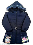 Black PU printed winter jacket for girls, featuring long sleeves and stylish design