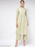 Pista green, polyester gathered kurta with three-quarter sleeves and silver foil printed combo - Indian ethnic wear