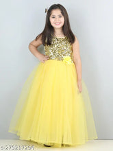 Yellow sequined kids' gown dress, net fabric with toy balloon sequence design, party wear for girls aged 1-2 years