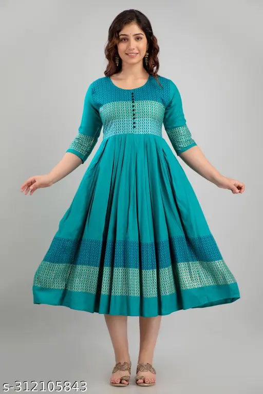 Three-quarter sleeve printed rayon Mayra Anarkali Kurta, trendy ethnic wear for women