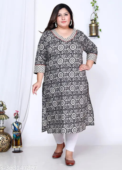 Black cotton kurti with floral print for plus size women, three-quarter sleeves