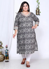 Black cotton kurti with floral print for plus size women, three-quarter sleeves