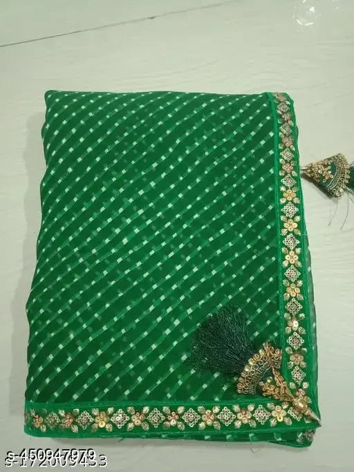 Green Leheriya Georgette saree with lace border & brocade blouse, striped pattern, India-origin fashion for women
