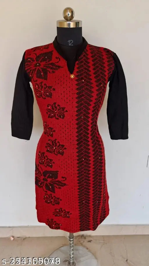 Red black woolen kurti with printed combo, three-quarter sleeves. Sizes: S (36in bust, 40in length), M (38in bust, 40in length), L (40in bust, 42in length), XL (42in bust, 42in length). Indian handloom fashion