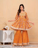 Orange rayon embroidered Anarkali kurti set with Sharara and dupatta, featuring flared shararas and trending suit style. Single size L (40in bust, 33in top length, 19in waist, 36in bottom length, 2.25in dupatta length) or XL (42in bust, 33in top length, 20in waist, 36in bottom length, 2.25in dupatta length). Hand-stitched in India