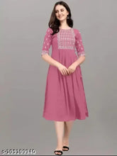 Pink rayon embroidered Anarkali kurti, three-quarter sleeves, India