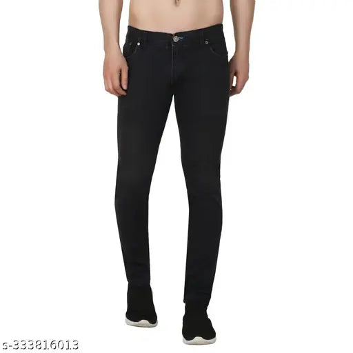 Black denim jeans for men by RABEZO, solid pattern, free delivery