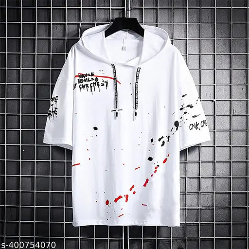 Men's round neck cotton half sleeves printed T-shirt, colorful design on display for sizes S, M, L, XL