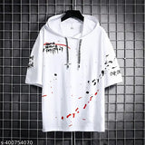 Men's round neck cotton half sleeves printed T-shirt, colorful design on display for sizes S, M, L, XL