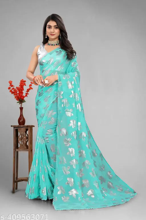Lace silver Georgette saree with foil print, Indian handcrafted fashion