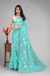 Lace silver Georgette saree with foil print, Indian handcrafted fashion