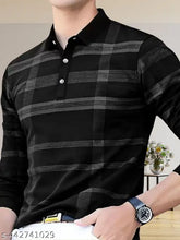 Cotton blend polo neck t-shirt for men, checked pattern, full sleeve, high-quality breathable fabric