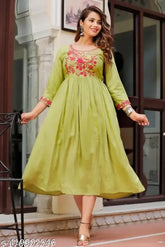 Green rayon embroidered gown, three-quarter sleeve style for women, Indian origin