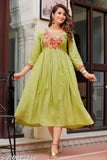Green rayon embroidered gown, three-quarter sleeve style for women, Indian origin