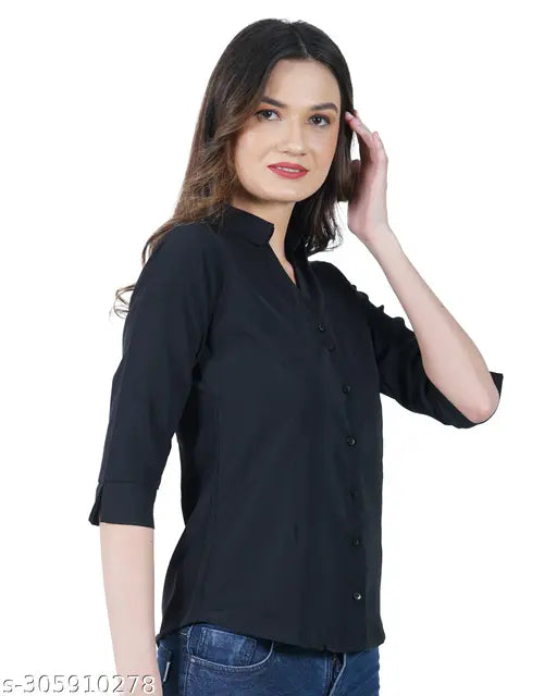Black polycotton solid regular fit shirt for women, perfect for casual, formal, party, or business wear. Machine washable, light on skin, and breathable