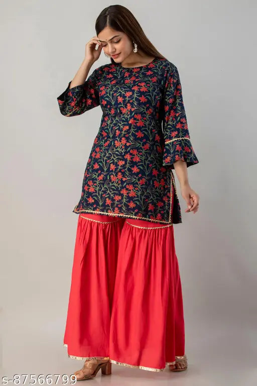 Rayon printed straight kurti with sharara - high-quality 100% rayon kurti and sharara set for women, featuring a net print design and three-quarter sleeves, perfect for traditional Indian wear events