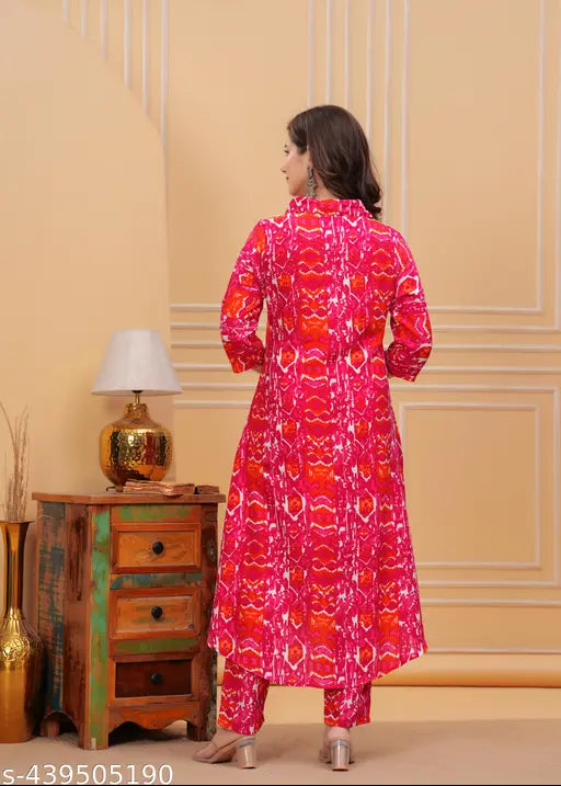 Cotton Candy Red Coord Set 007: Women's printed straight kurta with 3/4 sleeves and palazzo, multicolor design from India
