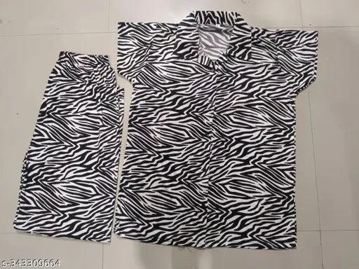 Stylish satin collared night suit set with printed payjama top and capris pants for women, India origin