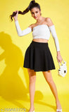 Heavy imported polyester skater skirt, high waistband with attached inner shorts, solid color, midi length, suitable for various occasions and multiple footwear styles. Indian origin, sizes available from 26 to 36 inches