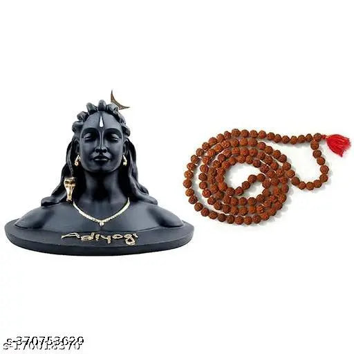 Black Adiyogi Shiva Statue with Rudraksha Mala, religious idol for home & office decor or car dashboard pooja, handcrafted in India