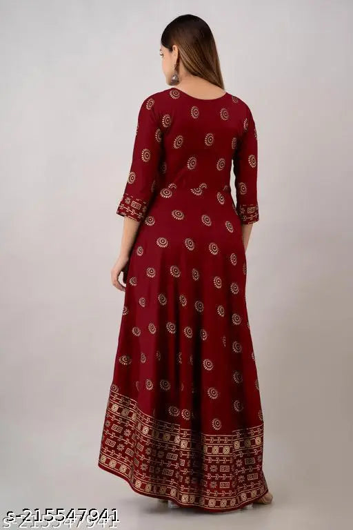 Maroon rayon Anarkali kurta with gold print, ideal for office or party wear, designed for women's casual and formal events in India