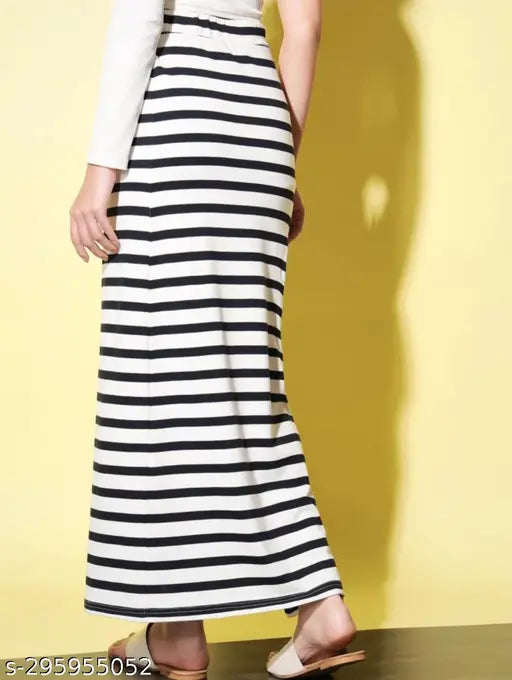 Black cotton blend striped print A-line skirt for women, perfect for casual or partywear